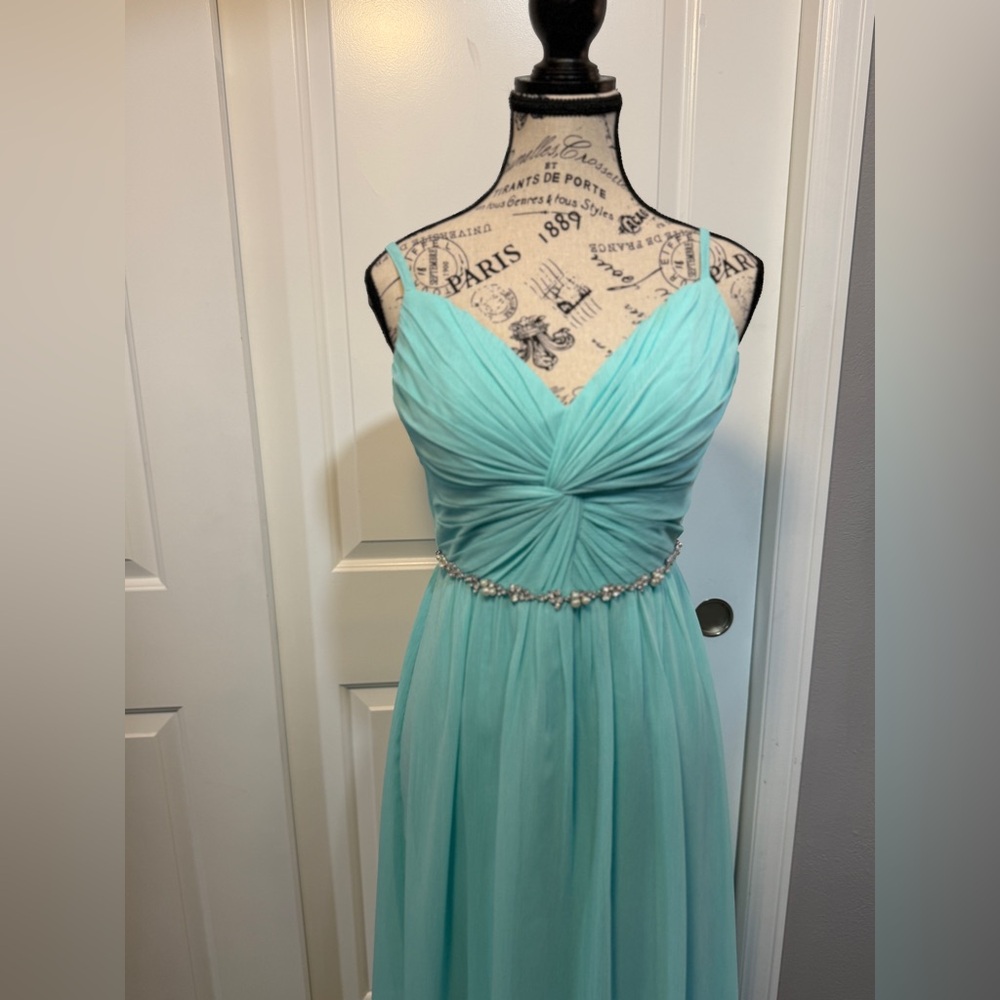 NWOT David’s Bridal Aqua with Rhinestone Belt Bridesmaid Dress - Picture 3 of 16